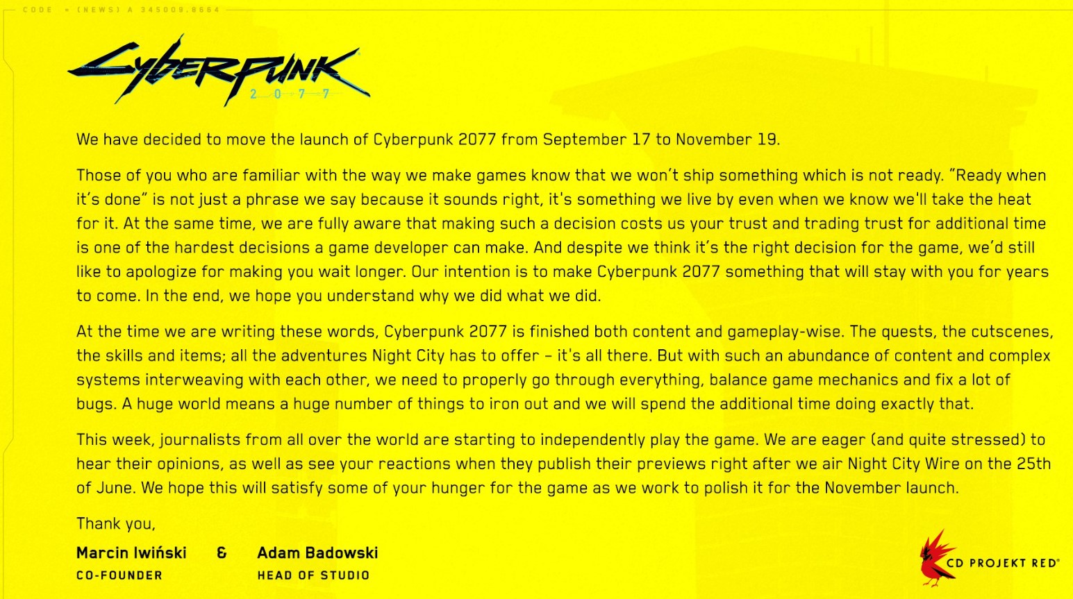 Cyberpunk 2077 volvió a retrasar su fecha de salida: mediados de noviembre